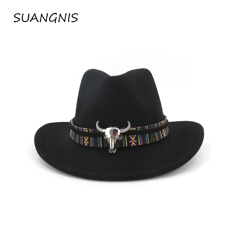

Wide Brim Western Cowboy Jazz Hat Cap Men Women Wool Felt Fedora Hats Ribbon Metal Bullhead Decorated Black Panama Cap