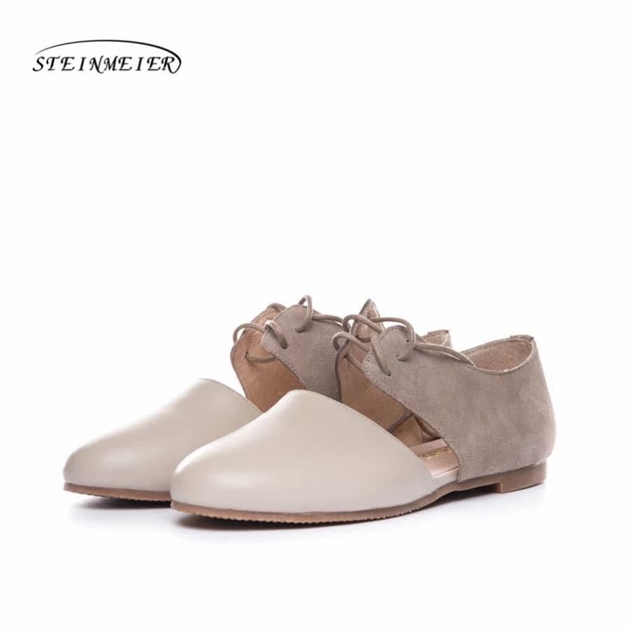 beige white Женские лоферы на плоской подошве с квадратным носком; ручная работа; цвет серый, бежевый; винтажные кожаные повседневные удобные лоферы в стиле ретро с пряжкой; Туфли-оксфорды - Цвет: beige white