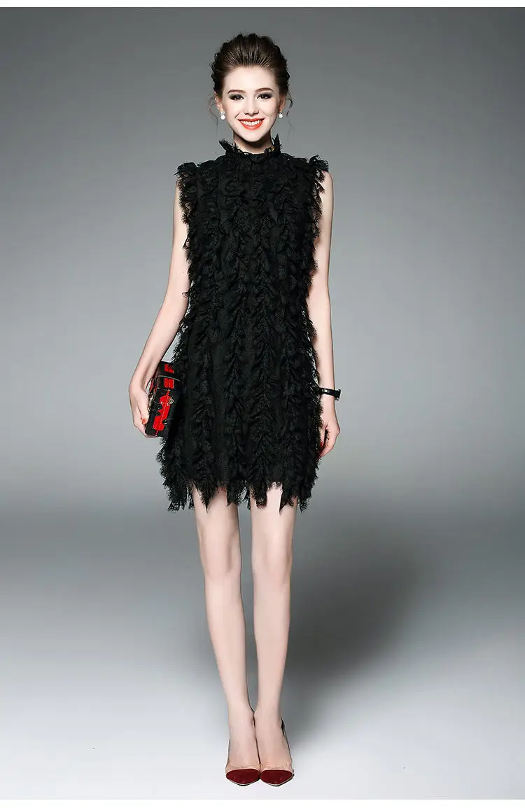 2017 New Fashion A-Line Summer High Qualit Black/White Solid Sleeveless Stand Slim Lace Tassel Dress Elegant Dresses Party | Женская