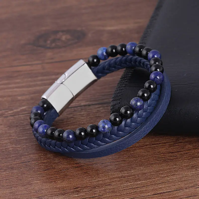 Браслет ручной работы из нержавеющей стали новый стиль камень бисер с кожаным