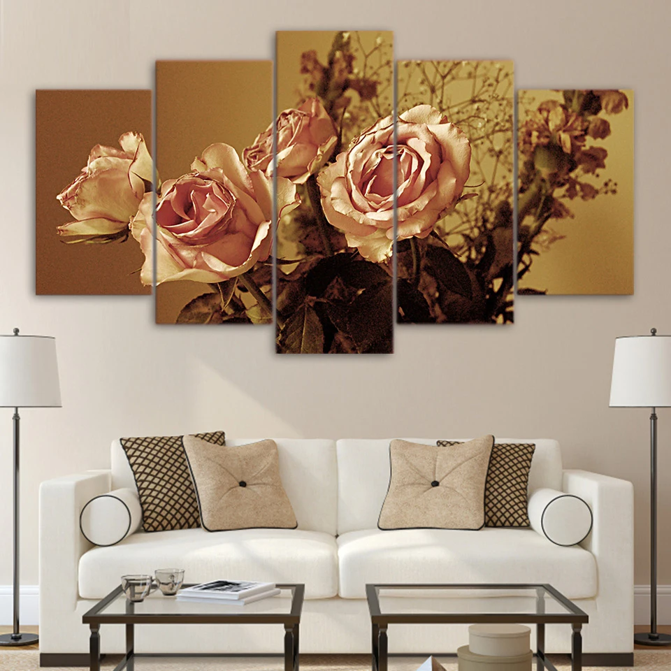 

5 Pieces Roses Flowers Yellowing Poster Canvas HD Printed Abstract Painting Frame For Living Room Decor Wall Art Pictures