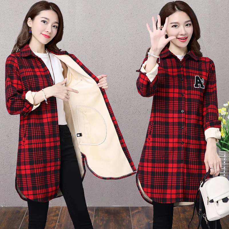 

2018 Winter Casual Checked Blouse Thick Cotton Shirts Winter Velvet Thick Keep Warm Plaid Blouse Female Long Sleeve Tops Women