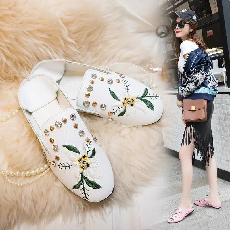 Vintage Embroidered Women Flats Flower Slip On Pu Leather Comfortable Old Peking Ballerina Flat Shoes Sapato Feminino | Обувь