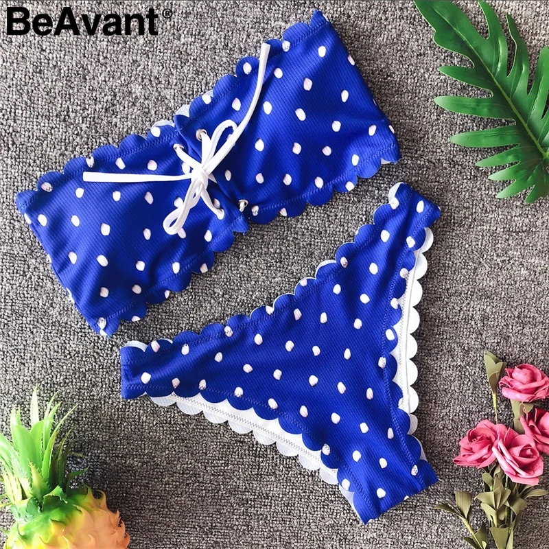 BeAvant, сексуальный, в горошек, на шнуровке, женский купальник, две части, пуш-ап, с рюшами, для девушек, купальники, летний, пляжный стиль, женский купальник - Цвет: Dark Blue