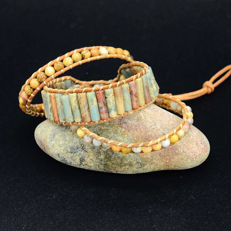 Женская богемная трубка браслета из натурального камня кожаный браслет
