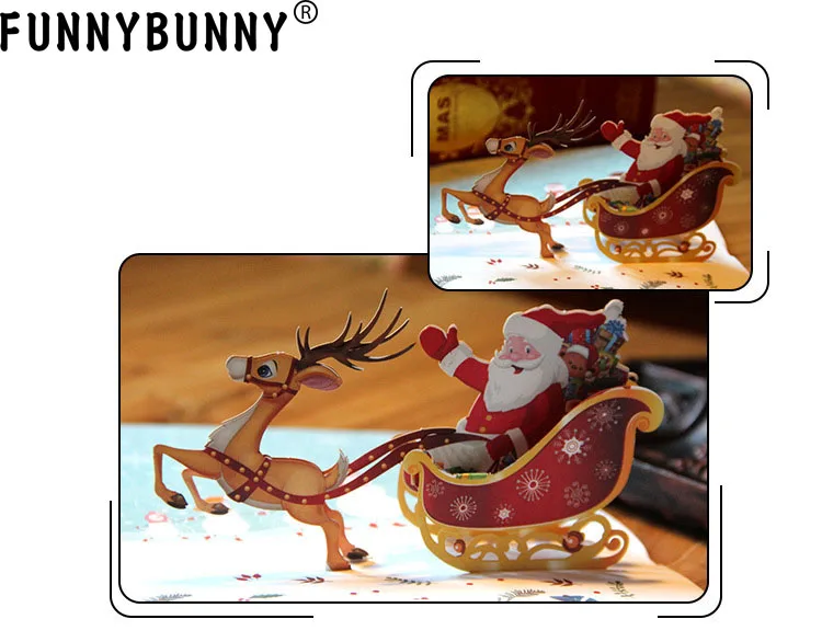 FUNNYBUNNY 3D Pop Up Санта Клаус Олень сани год поздравительная открытка Рождественская открытка