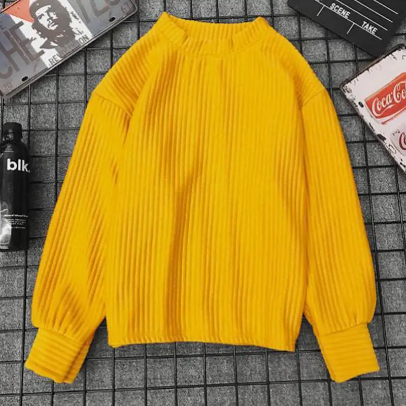 Spring Autumn Korean Yellow Thin Knit Sweater 2018 Solid Color Harajuku Long Sleeve Pullover Sweet Style Clothing Female Tops | Женская