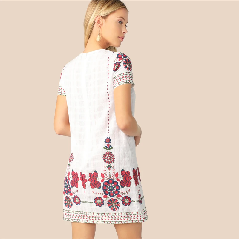 SHEIN богемное белое с цветочным принтом текстурированная туника летнее платье женское с круглым вырезом на молнии сзади прямые короткие элегантные платья