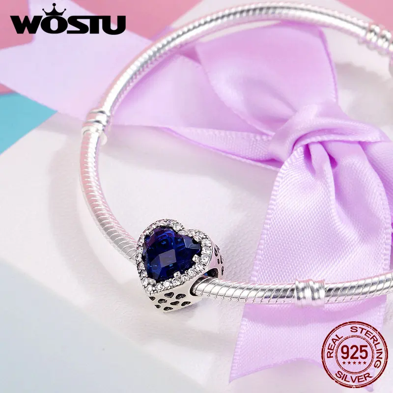 WOSTU новый 925 пробы Серебряный ослепительный сияющий в форме голубого сердца Шарм