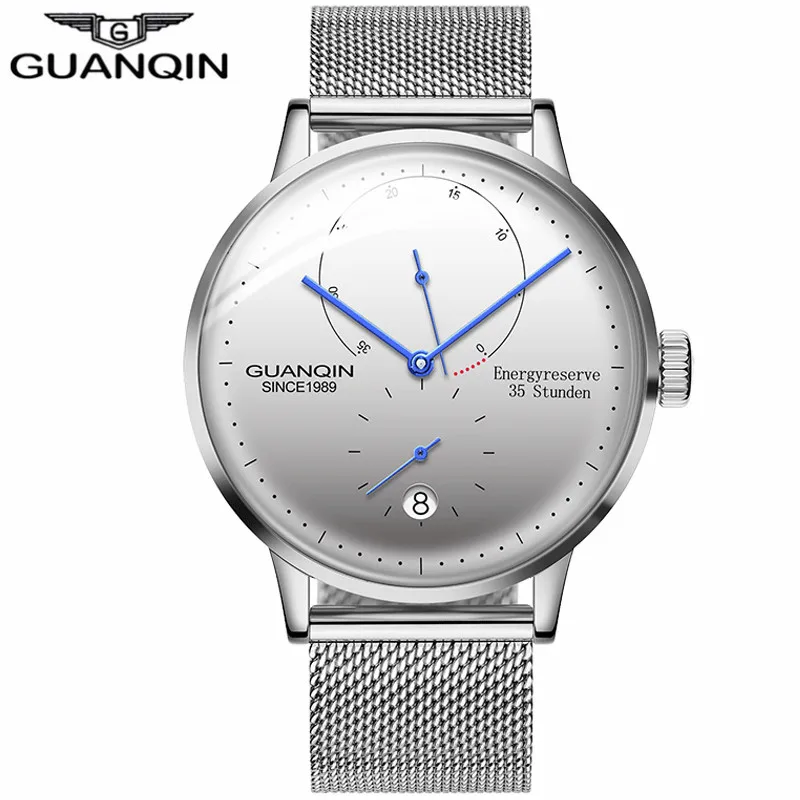 Silver White GUANQIN мужские часы Топ бренд класса люкс Автоматическая Дата мужские повседневные модные часы водонепроницаемые из натуральной кожи механические наручные часы - Цвет: Silver White