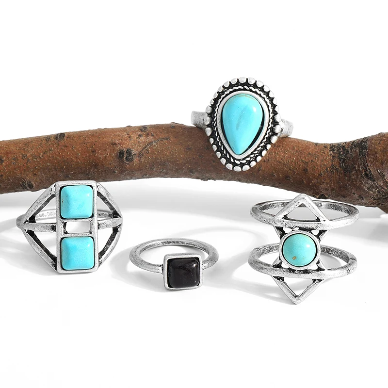 WILD&ampFREE Vintage Bho 4 pcs Ring Set For Women Punk Style Antique Gold Multicolor Stone Beads Turkish Knuckle Rings Party GifT |