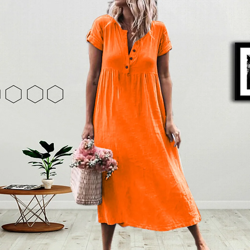 Женское длинное льняное платье Boho свободное однотонное Летнее Платье макси с