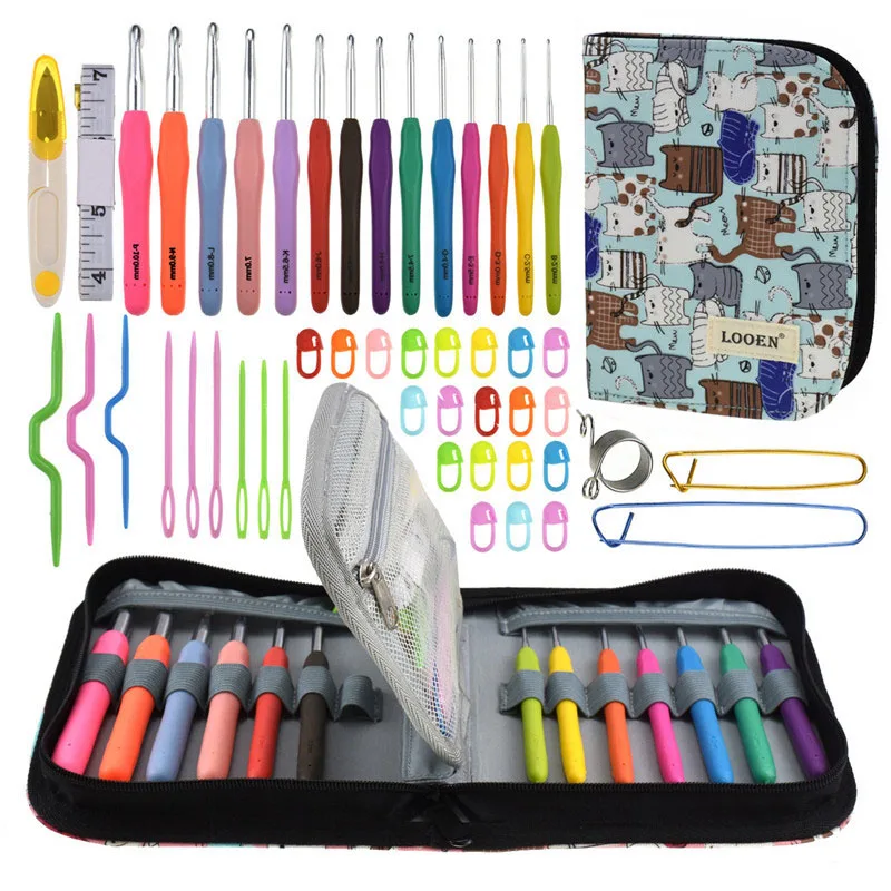 blue set Резиновые мягкие крючки для игл 2,0-10,0 мм крючком Крючки набор с сумкой эргономичная ручка вязание и шитье поставки с чехлом сумка набор - Цвет: blue set