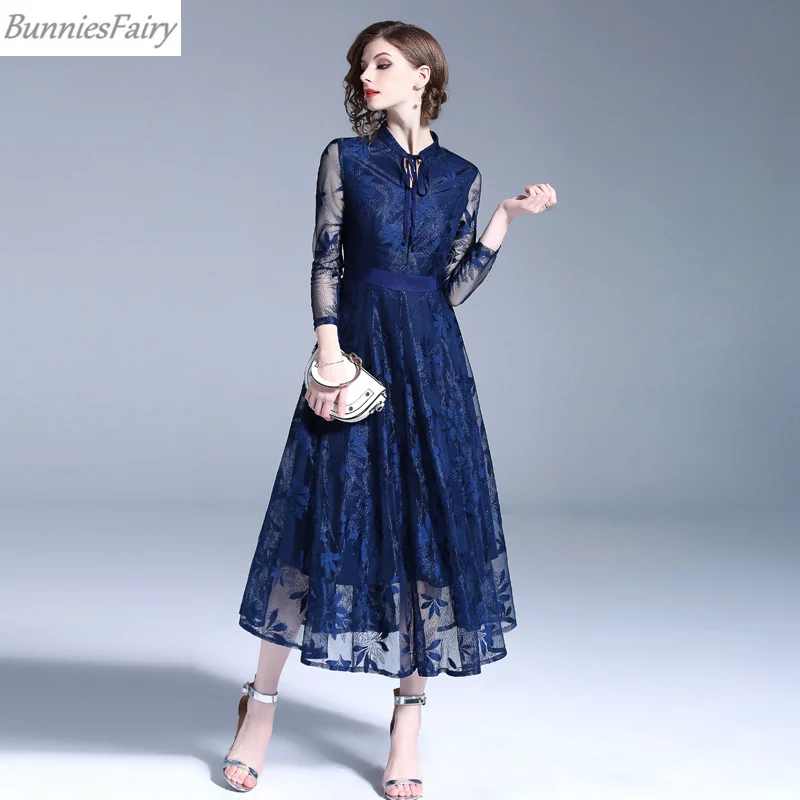 BunniesFairy Autumn New Celebrity-inspired Women Elegant Long Floral Lace Dress Bow Neckline with Ribbon Party Wear Red Blue | Женская