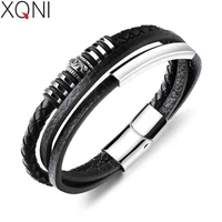 xqni top quality mans leather bracelet stainless steel black color magnet 200mm accessories jewelry for birthday gift