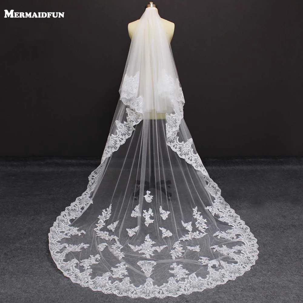 Реальные фотографии 2 слоя блестящая кружевная свадебная вуаль с гребнем
