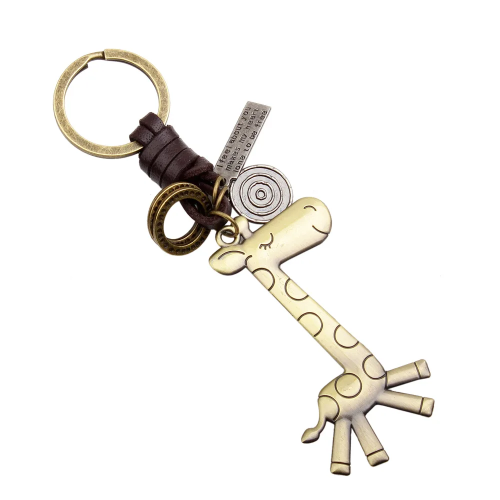 2019 new sika deer giraffe keychain fashion cartoon design bronze men and women alloy leather braided key ring | Украшения и