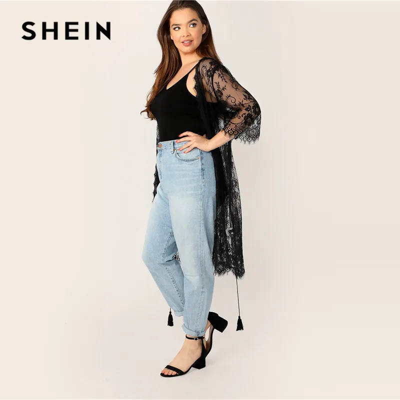 SHEIN Размер Плюс Прозрачное Кимоно С Кружевом И Бахромой Плюс Размера Кимоно С Бахромой Женские Летние Бохо Кимоно