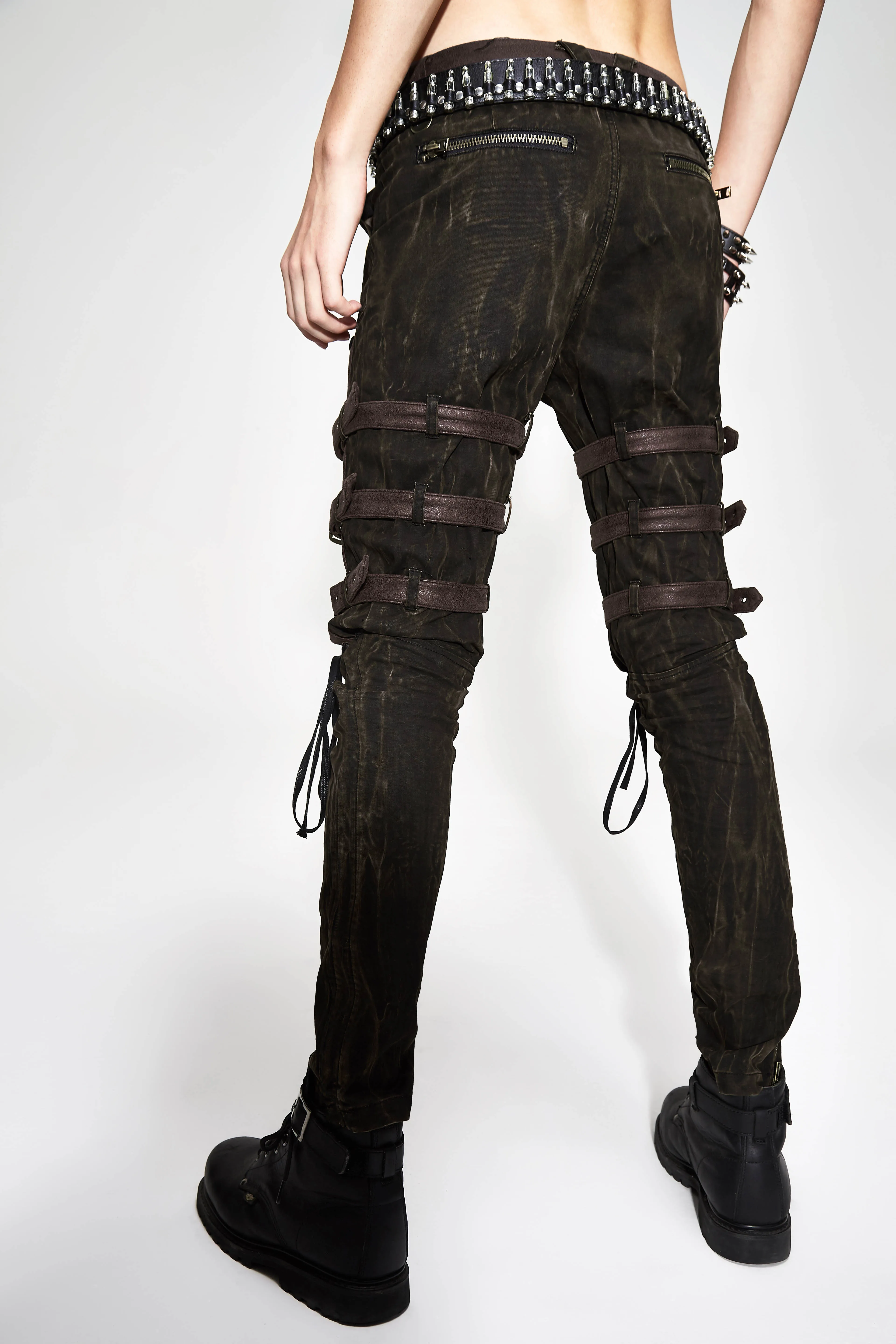 Steampunk Men Long Jean Gothic High Waist Black Brown Tights Slim Trousers Straps in the Leg Lace Up Pencil Pants New