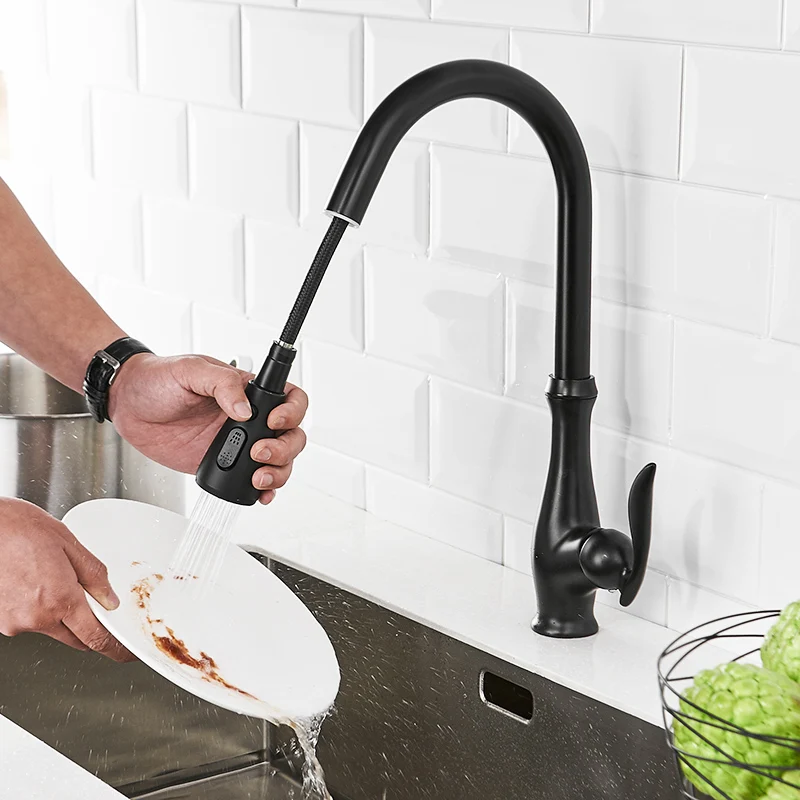 FLG Kitchen Faucets Pull Down Out Tap New Design Black High Quality Brass Sink Mixer Taps 1016-33B | Обустройство дома