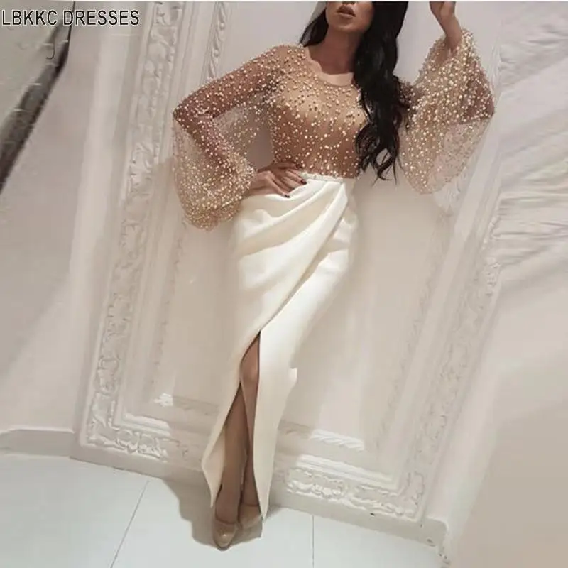 Женское вечернее платье с длинным рукавом прямым жемчугом и разрезом 2019|Вечерние