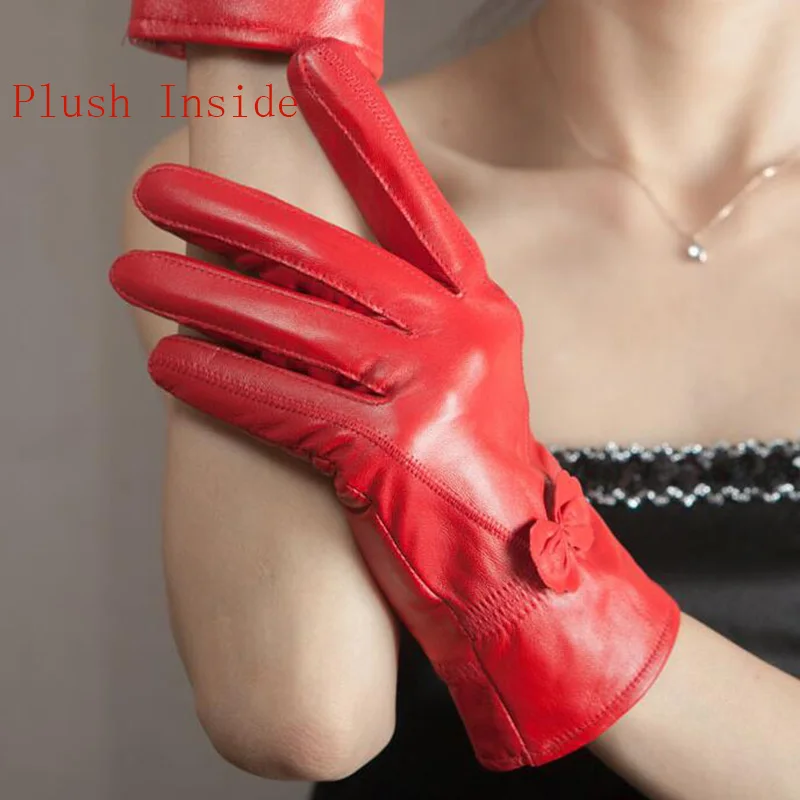 Plush Red Женская обувь из натуральной кожи; из овечьей кожи бабочка knotl перчатки женские зимние тонкие/плотная обувь с подкладкой из плюша, кашемир теплый спортивный костюм с водительские перчатки L74 - Цвет: Plush Red
