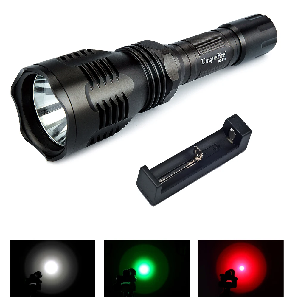 

UniqueFire HS-802 XRE LED Green/Red/White Light Single File Hunting Flashlight Torch+18650 Charger For Caving Hiking