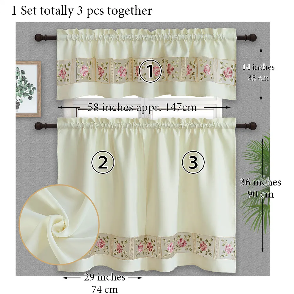 beige 1 комплект, 3 шт., домашний декоративный бежевый цвет, креативная вышитая органза, пэчворк, черный, из кухонного окна, двери, шторы - Цвет: beige