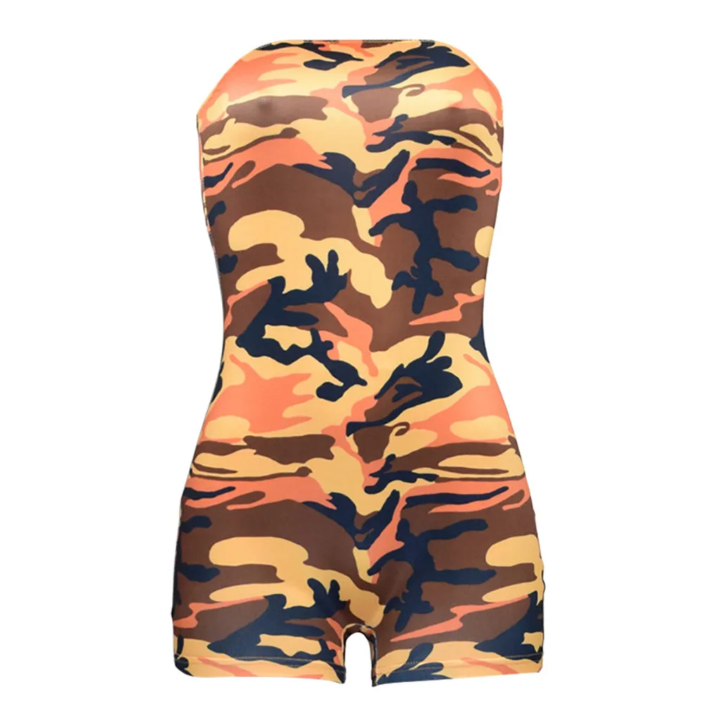 С открытыми плечами женский пляжный костюм с шортами Femme onesies военный камуфляжный комбинезон бодикон без рукавов короткий комбинезон лето