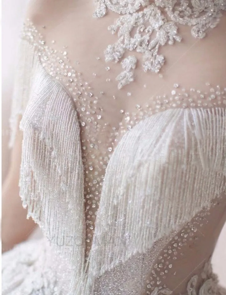 Vivian's Bridal блестящая вуаль свадебное платье кружева с высоким воротником, со стразами Иллюзия сетки Бисероплетение кисточкой Принцесса фантазия Свадебное бальное платье - Цвет: white
