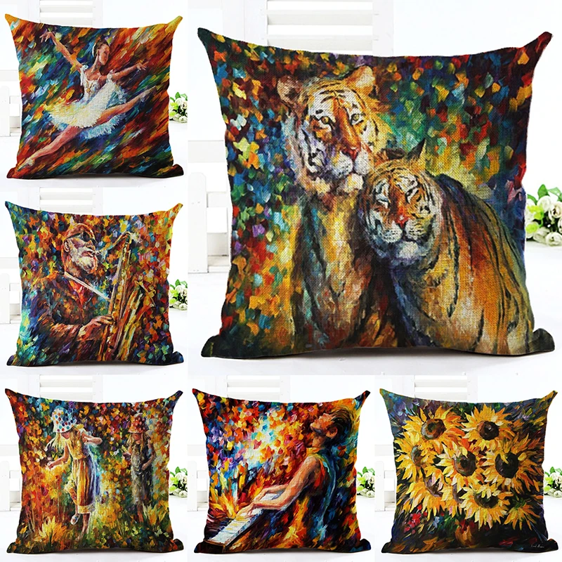 Fashion Oil Painting Style Cartoon Printed Cushion Linen Square Home Decor Seat Car Throw Pillow Almofadas Cojines |