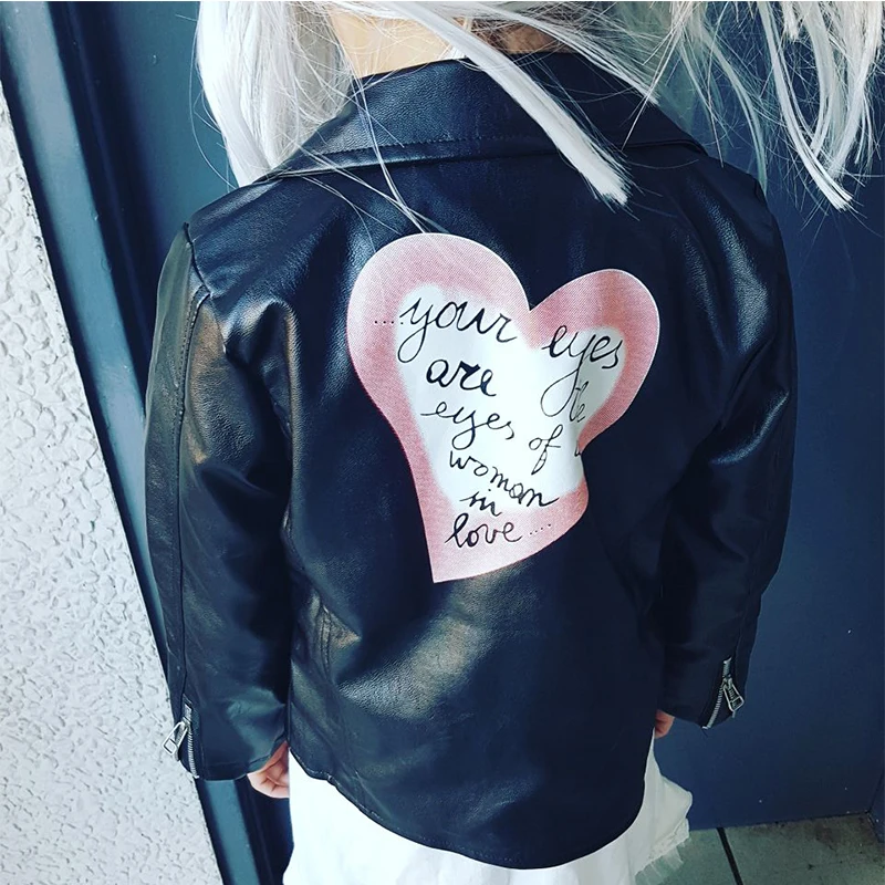 Girls motorcycle leather coat children PU jacket 2-7 year old Printed love letter all match tops for kids fashion hot | Детская одежда