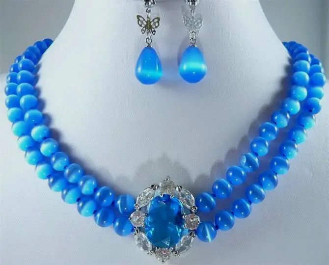 Pretty! 2 ряда 8 мм ожерелье из голубого опала серьги набор ** 18K позолоченные часы