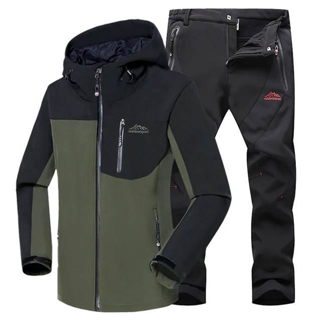 Green Black pants Мужская зимняя флисовая куртка с подогревом, водонепроницаемая, для рыбалки, катания на лыжах, пеших прогулок, Походов, Кемпинга, куртка+ брюки 5XL - Цвет: Green Black pants