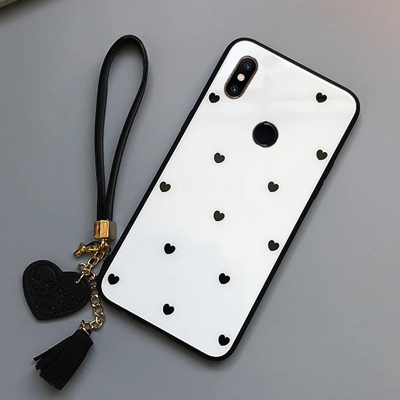 WHITE BONVAN чехол для телефона с закаленным стеклом чехол для Xiaomi Redmi 6 6A 6 Pro case прекрасное Сердце чехол на ксиоми редми Note 6 Pro кисточка ремешок задняя крышка случай защиты чехлы на телефон - Цвет: WHITE