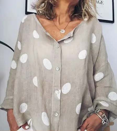 Женская свободная прозрачная мешковатая блузка в горошек с V образным вырезом