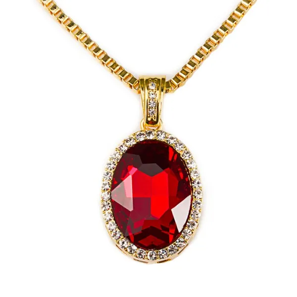 red Мужские нагрудные украшения Bling Crystal Iced Out красный драгоценный камень CZ кулон цепь золотые овальные Стразы Подвески ожерелье ювелирные изделия подарок для женщин - Окраска металла: red