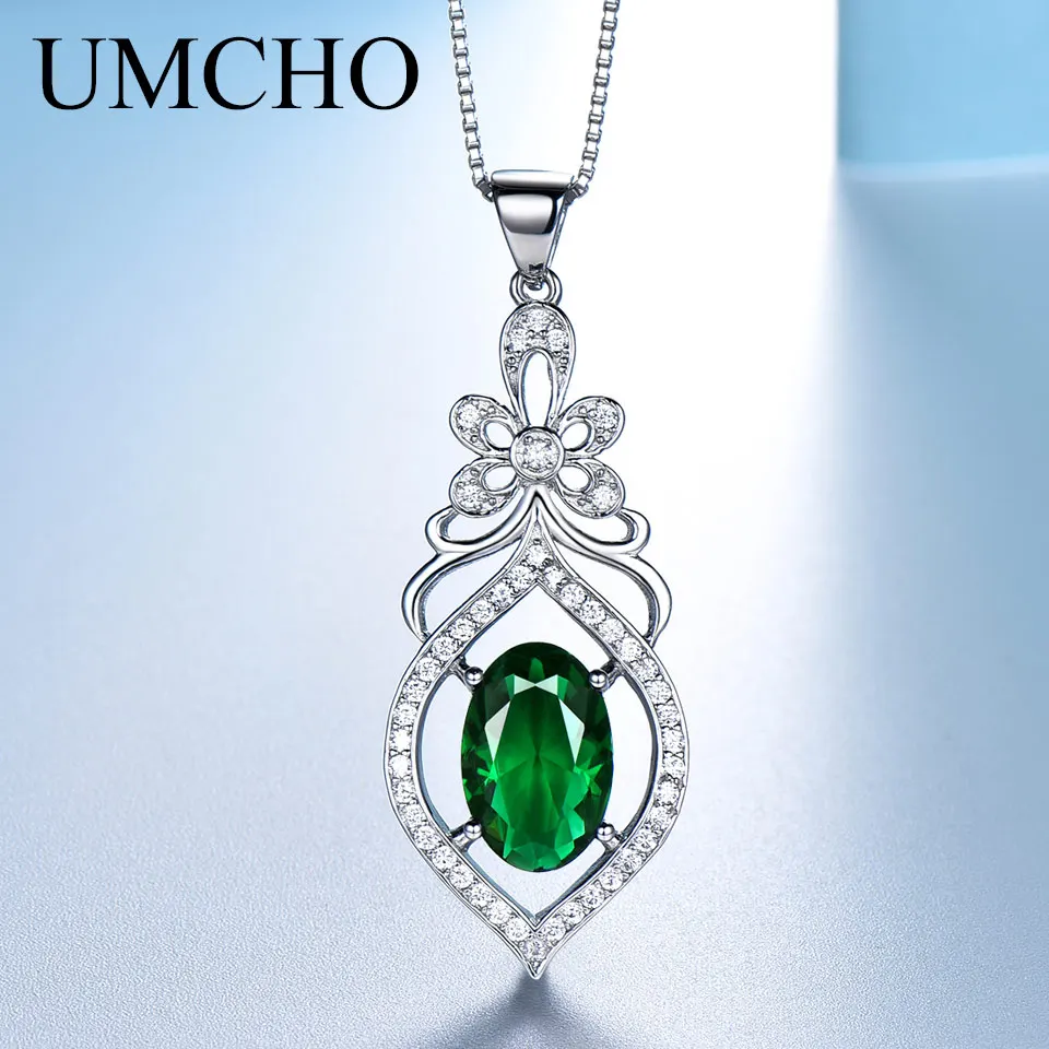 Ожерелье UMCHO из настоящего серебра 925 пробы с овальным Изумрудным камнем
