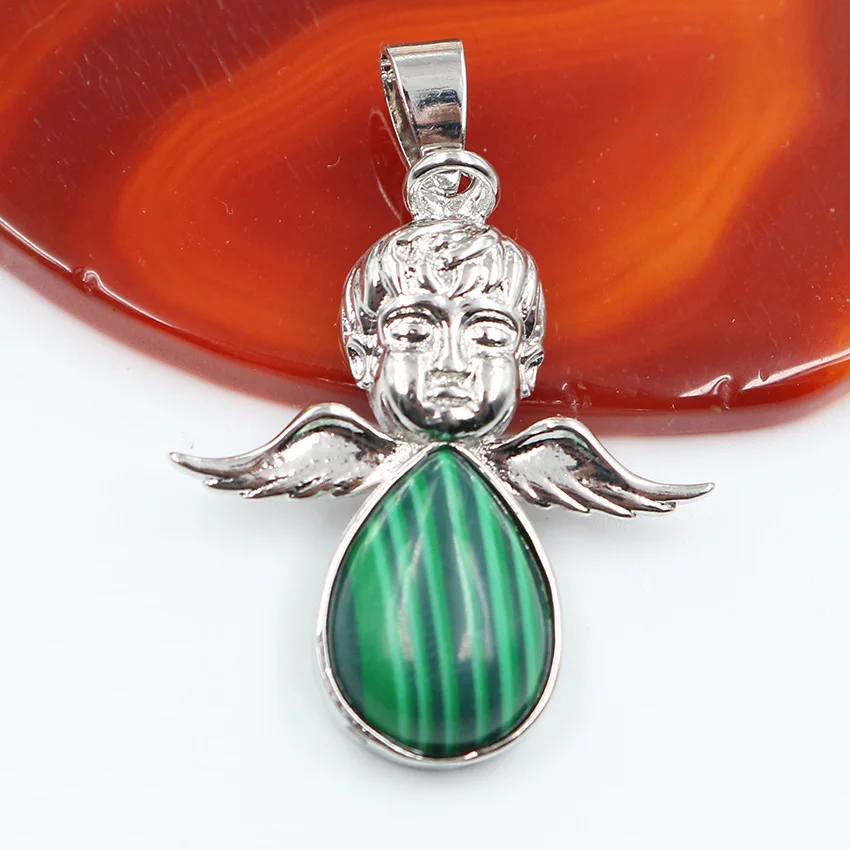 Malachite Stone Xinshangmie 1 шт. натуральный камень Крылья ангела кулон посеребренный патрон Святого мальчика Кристалл кварц Подвеска капля для ожерелья - Окраска металла: Malachite Stone
