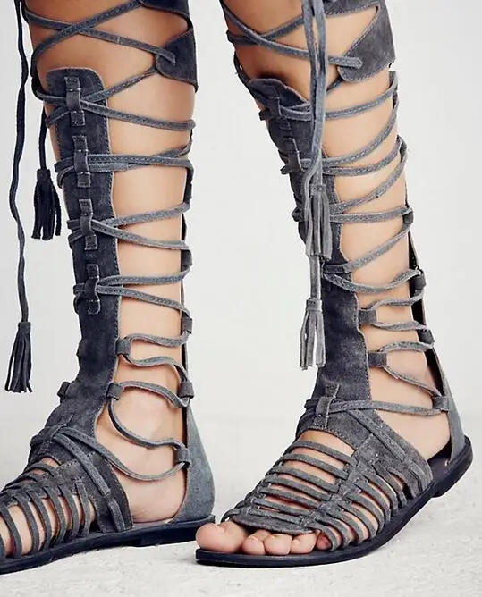 Hot Selling Brown Suede Lace-up Flat Sandals Boots Cut-out Tie Cross Strappy For Women Back Zipper Summer Beach Shoes | Обувь