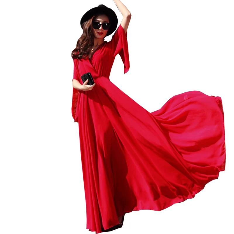 Женское шифоновое платье макси с v образным вырезом и высокой талией|vestido red|chiffon