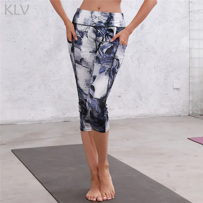 KLV спортивные женские леггинсы для фитнеса, йоги, спортзала, с высокой талией, с карманом на талии, с принтом, для йоги, фитнеса, леггинсы до середины икры, брюки#@ F