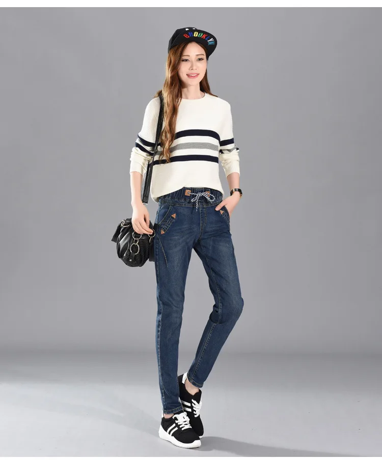 2018 осень размера плюс повседневные женские эластичные джинсы с высокой талией