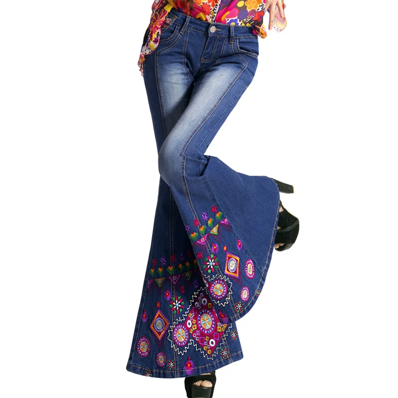 Luxury Hnad Embroidered Low Waist Big Flared Jeans Female Boot Cut Fine Beading Bell Bottom Jeans Denim Trousers A173