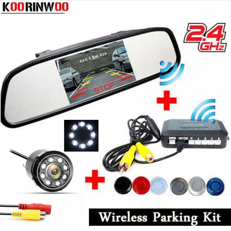 

Koorinwoo 2.4G Wireless Car parking Sensor Radars Video system Parktronic Rear view Monitor mirror Car Reverse Camera Back up