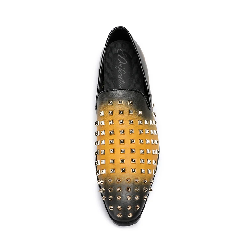 Deification Runway Moccasins Rivets Studded Mens Loafers Slip-On Casual Dress Male Flats Genuine Leather Italian Style Men Shoes | Обувь