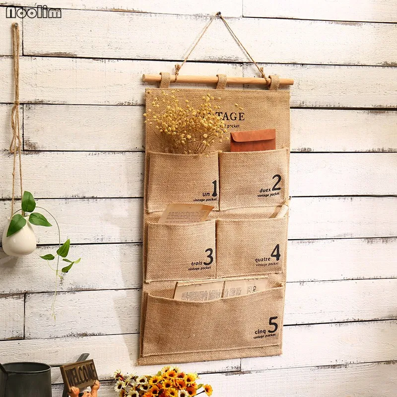 NOOLIM Practical 5 Pockets Wall Hanging Storage Bags Organizer Jute Naturally Letters organizer Cosmetic Sundries storage bag | Дом и сад
