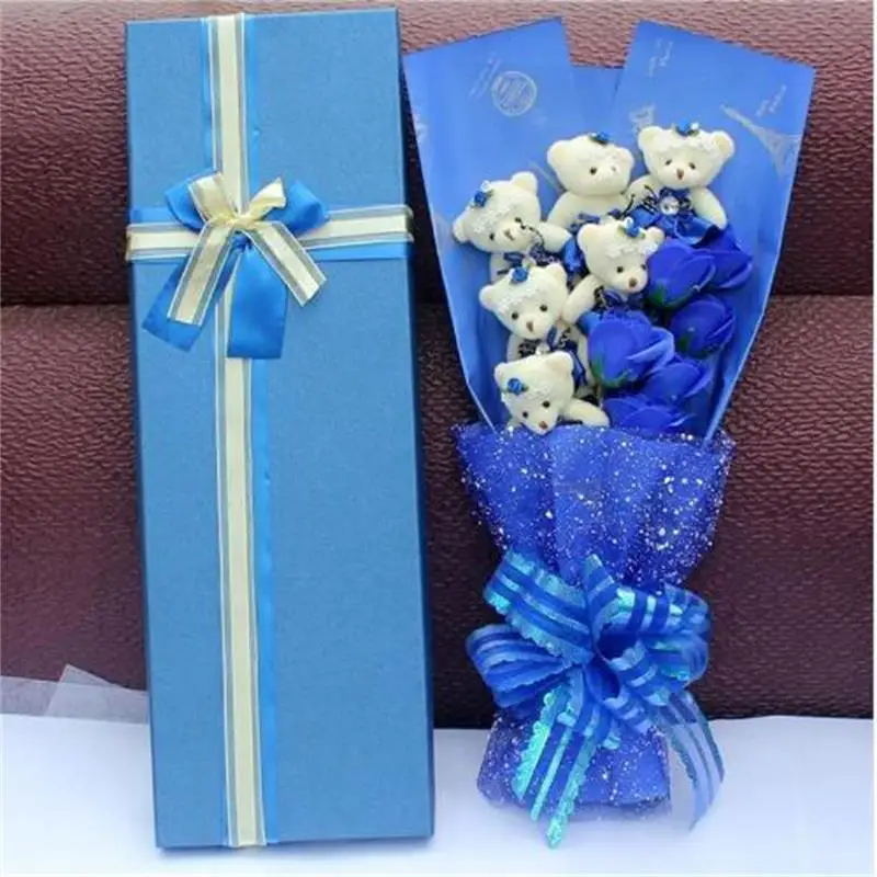 blue Искусственное мыло из лепестков роз с плюшевым мишкой Креативный цветочный свадебный букет Декор подарки на день Святого Валентина - Цвет: blue