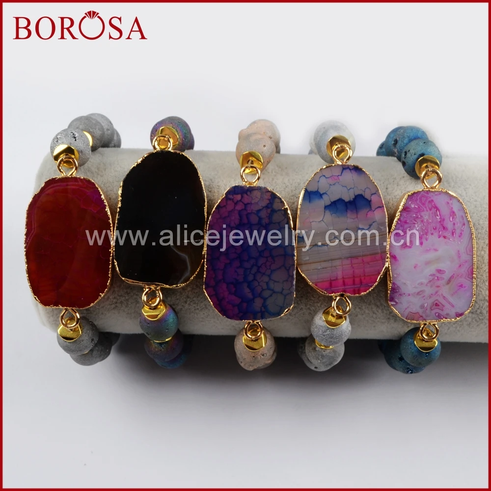 

BOROSA Drusy Gems Handmade Bracelet,Gold Color Rainbow Fire Onyx Stone Bracelets With 10mm Titanium Druzy Stone Beads G1432