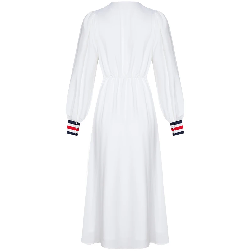 YIGELILA Women White Dress Summer Fashion Elegant V-neck Full Sleeve Empire Slim Midi 64769 | Женская одежда